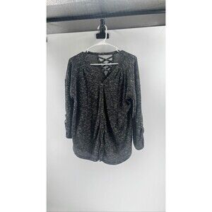 Juniors Gray Ribbed Button Front Long Sleeve Top Lace Up Back XL